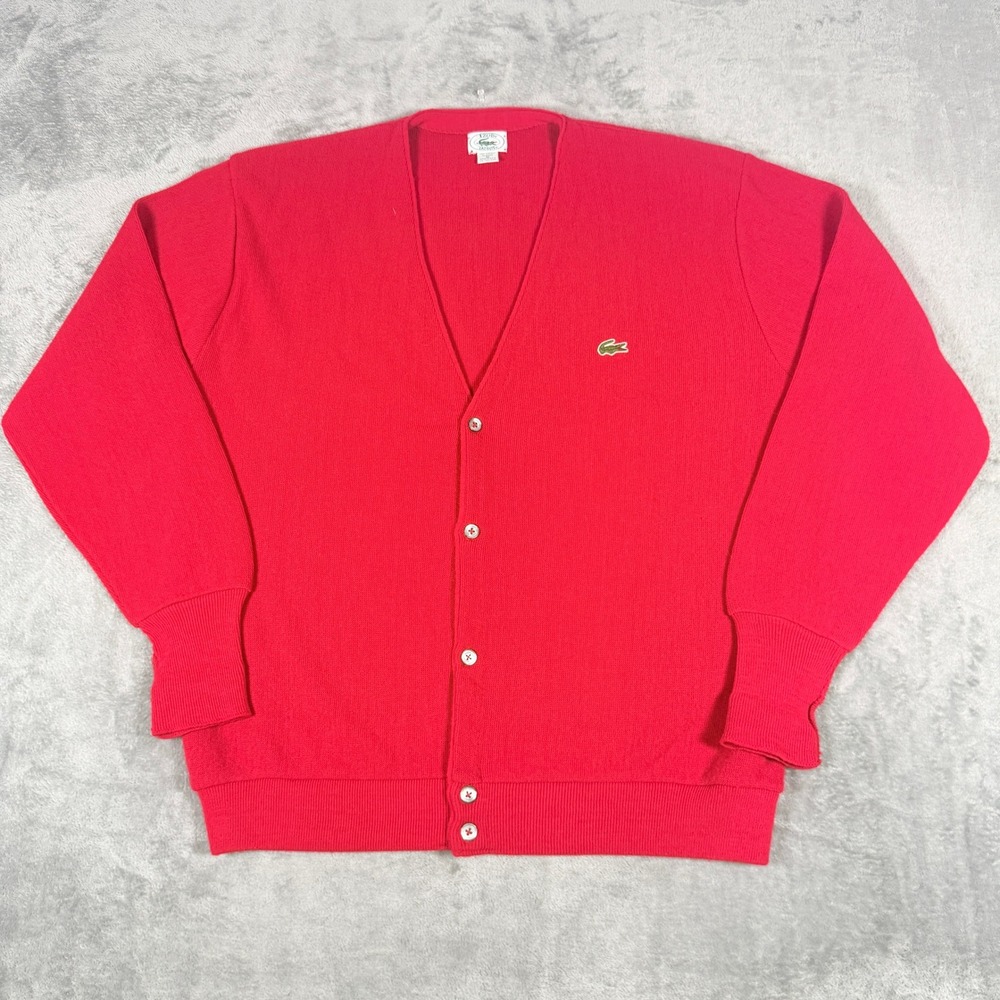 Vintage Izod Lacoste Mens XL Cardigan Red Acrylic V-Neck Button Front Sweater